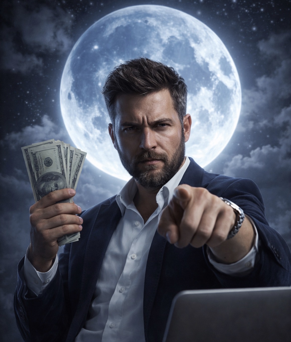 Moonshot Mikey pointing while holding cash in front of the moon